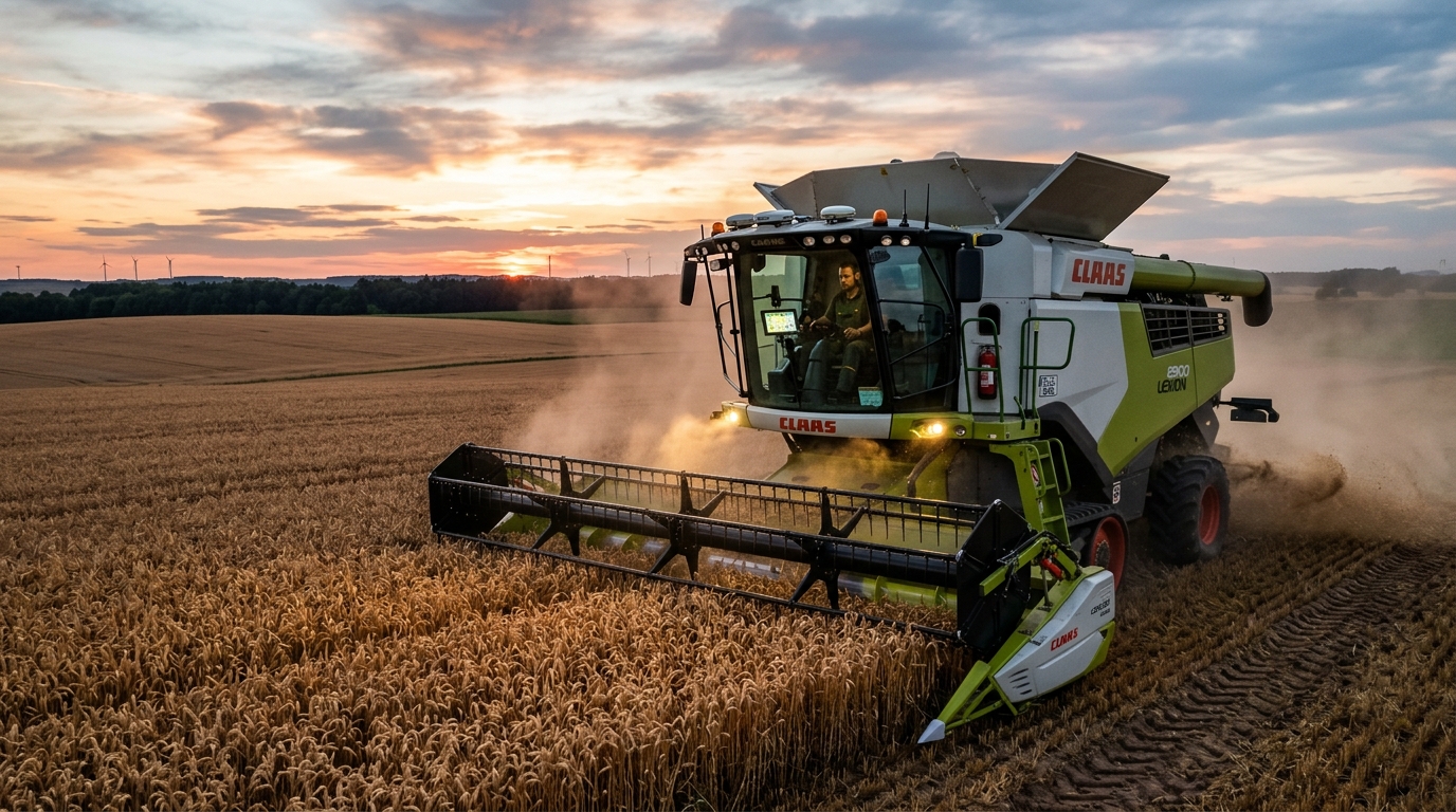 Modern CLAAS Lexion combine harvester harvesting wheat at dusk with GNSS receiver and telemetry hardware