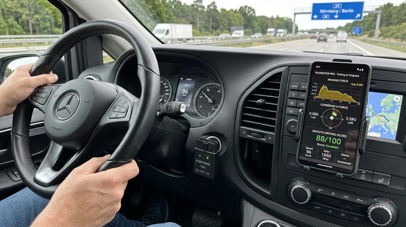 Fleet vehicle cockpit showing connected OBD-II telematics device and driver risk scoring smartphone interface