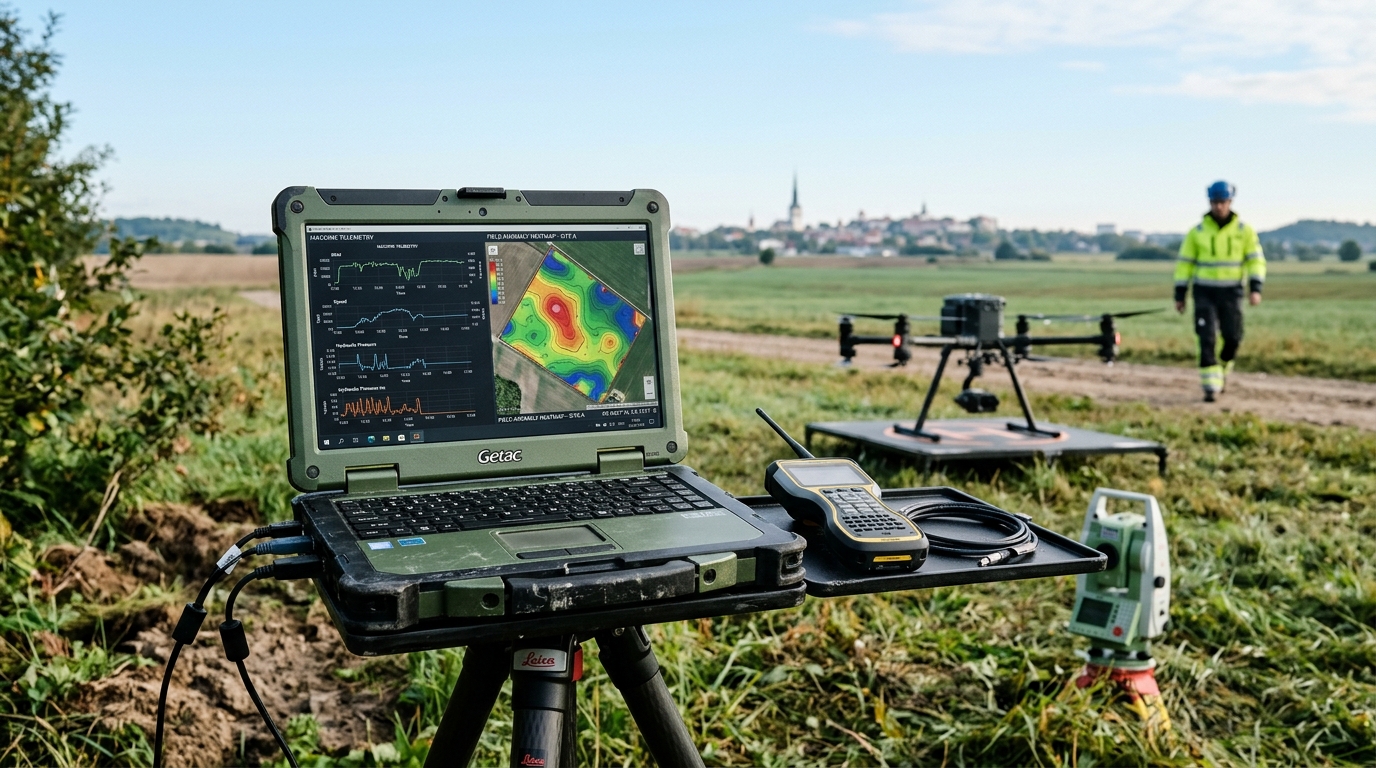 NRZ Technologies field engineering station in Tallinn with rugged telemetry laptop and survey drone